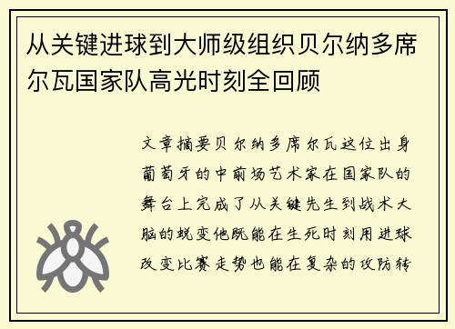 从关键进球到大师级组织贝尔纳多席尔瓦国家队高光时刻全回顾