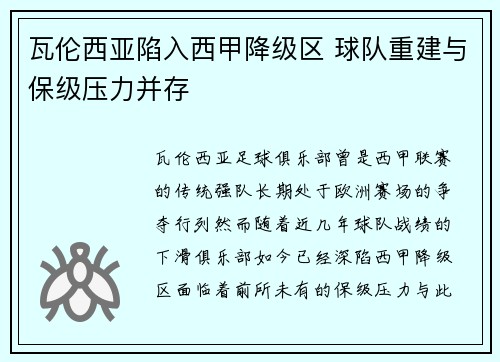 瓦伦西亚陷入西甲降级区 球队重建与保级压力并存